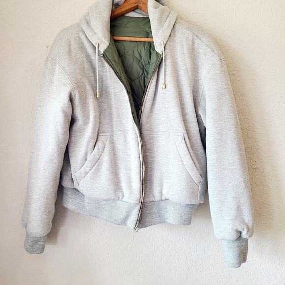 Gap Jacket Womens Medium Reversible Hooded Full Zip Quilted Bomber Green Gray‎ - Picture 6 of 10